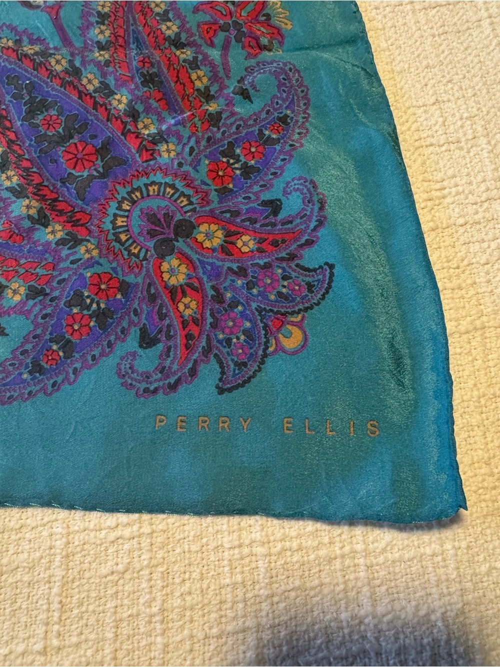 Vintage Perry Ellis Teal Paisley Silk Scarf - Picture 2 of 6
